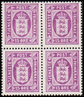 1919. Official. 15 Øre. Perf. 14x14½, LUXUS 4-BLOCK. 2 Never Hinged And 2 Hinged Stamps.  (Michel D18) - JF513798 - Service