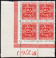 1923. DANMARK. Postage Due. Porto. Wavy-line. 25 Øre Red In 4-BLOCK With Lower Margin No 276-... (Michel P15) - JF513806 - Postage Due