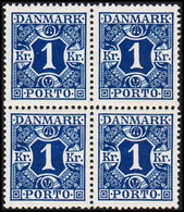 1921. DANMARK. Postage Due. Porto. Wavy-line. 1 Kr.  Blue In LUXUS 4-BLOCK. Never Hinged. Ver... (Michel P17) - JF513811 - Postage Due