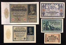 Germany Germania 1 + 5 + 20 + 10000 + 10000 Mark 1904 - 1915 - 1922  - 1945  LOTTO 3684 - Colecciones