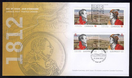 Qt.h WAR 1812 = Sir ISAAC BROCK And War Chief TECUMSEH = JOINT Issue FDC With Both Pairs = CANADA - GUERNSEY 2012 - Indiens D'Amérique