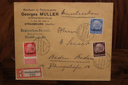 Allemagne France 1941 Alsace Elsass Einschreiben Strassburg Els 3 Baden Baden Cover Deutsches Reich DR SST Bezahlt - Se-Tenant