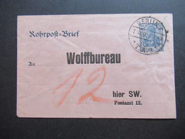 DR Reichspost 1902 Rohrpost Brief / Umschlag Bedruckt: Wolffbureau Hier SW Postamt 12 / Wolffs Telegraphisches Bureau - Cartas