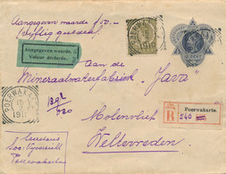 Nederlands Indië - 1910 - 10c Wilhelmina, Envelop G26 20c Veth R-cover Valeur Déclarée VK Poerwakarta R-strook Modified - Netherlands Indies