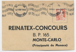 FRANCE GANDON 12FR ORANGE SEUL CARTE MEC ROCHEFORT SUR MER 12.IV .1952 POUR MONTE CARLO - 1945-54 Marianne Of Gandon
