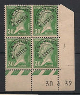 FRANCE - 1932 - Préo N°Yv. 66 - Pasteur - Bloc De 4 Coin Daté - Neuf Luxe ** / MNH / Postfrisch - Voorafgestempeld