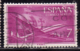 SPAIN ESPAÑA SPAGNA 1955 1956 AIR MAIL CORREO AEREO PLANE AND CARAVEL PESETAS 7p USATO USED OBLITERE' - Gebruikt