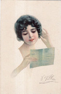 Delcampe - Illustrateur : VILLON. Belle Jeune Femme Brune Lisant Une Lettre - Villon
