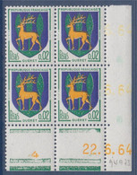 Armoiries De Villes (IV) Guéret 2c Vert, Outremer Et Jaune Coin Daté X 4 Du 22.6.64 N°1351B Neuf - 1960-1969