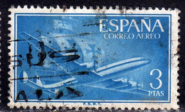 SPAIN ESPAÑA SPAGNA 1955 1956 AIR MAIL CORREO AEREO PLANE AND CARAVEL PESETAS 3p USATO USED OBLITERE' - Gebruikt