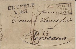 1819- Letter From CREFELD /7.OCT.  To Bordeaux  - French Entrance Black PRUSSE /PAR / GIVET -rating 16 D. - Marques D'entrées