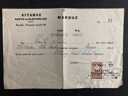 MAKBUZ ALYANAK RADYO Ve ELEKTRIK EVI TP 10 KURUS OBL. 1 Mayis 1953 - Cartas & Documentos