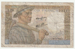 France Billet De 10 Francs  -  Mineur  - 26-11-1942 - N° 33521   L.29 - 10 F 1941-1949 ''Mineur''