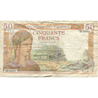France, 50 Francs, Cérès, 1939, 1939-03-30, B+, Fayette:18.24, KM:85b - 50 F 1934-1940 ''Cérès''