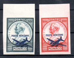 MONACO -- Timbres 50 F. & 100 F. NON DENTELES Luxe -- Louis II Surchargés Poste Aérienne - Poste Aérienne