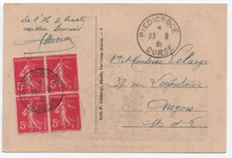 Affranchissement Bloc De Quatre 5c SEMEUSE Rose Cachet PIEDICROCE CORSE 1935 / Carte Postale OREZZA Ed. Limongi - Brieven En Documenten