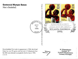 USA - 1996 ATLANTA 1896 Athens Greece 1996 Atlanta Georgia Su Cartolina Postale Basket + Francobollo Basket - 6496 - Summer 1996: Atlanta