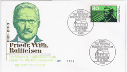 Germany Deutschland 1988 FDC 100. Todestag Friedrich Wilhelm Raiffeisen, German Mayor, Cooperative Pioneer, Bonn - 1981-1990