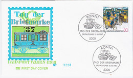 Germany Deutschland 1987 FDC Tag Der Briefmarke, Stamp Day, Bahnpost Wagen, Railroad Railway Train Bike Bicycle, Bonn - 1981-1990