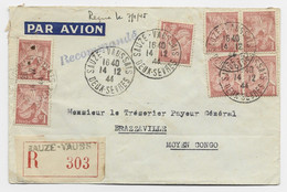 FRANCE IRIS 1FR50 BRUNX7 LETTRE REC SAUZE VAUSSAIS 14.12.1944 DEUX SEVRES POUR MOYEN CONGO AU TARIF - 1939-44 Iris