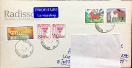 SWEDEN 1997, ADVERTISING COVER, USED TO ENGLAND, RADISSON HOTEL, RABBIT, HORSE SE TENANT STAMP, 5 STAMP, TOMTEBODA POST - Storia Postale