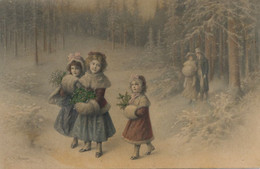 Viennoise Signed Wichera   Little Girls With Mistletoe And Holy. Gui Et Houx Noel . Petites Filles MM Vienne 789 - Wichera