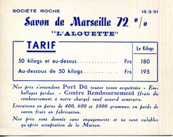 CARTON TARIF.SAVON DE MARSEILLE 72 % " L'ALLOUETTE " SOCIETE ROCHE. - Non Classés