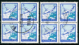 YUGOSLAVIA 1990 Revalued Postal Services Definitive 5 D. Both Perforations Blocks Of 4 Used.  Michel 2399A,C - Usati