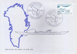 GREENLAND : FIRST DAY CARD WITH INFORMATION ON BACK SIDE : 30 AUGUST 1972 : MED KAJAK, BY KAYAK - Lettres & Documents