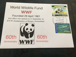 (2 E 33) 60th Anniversary Of WWF Foundation - With Panda Maldives Stamp + OZ Platypus Stamp (black P/m) - Usati