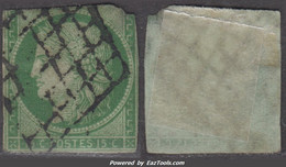 15c Vert De 1850 Très Défectueux à -20€ (Y&T  N° 2, Cote 1100€) - 1849-1850 Cérès