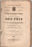 Epinal - Collège De Garçons - Distribution Des Prix 1912 - 70 Pages - Couverture Détachée - Diploma's En Schoolrapporten