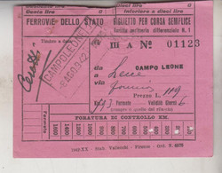 Biglietto Ticket Buillet  Ferrovie Dello Stato  Campoleone  Lecce  1942 - Europa