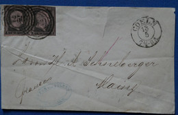 AD18 ALLEMAGNE PRUSSE BELLE LETTRE 1855 COELN POUR MAINZ + PAIRE 1S + AFFRANCHISSEMENT BLEU PLAISANT - Brieven En Documenten