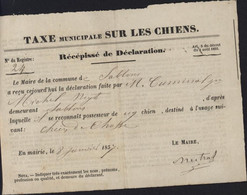 Taxe Municipale Sur Les Chiens Commune De Sablons Chien De Chasse 8 1 1857 Isère - 1849-1876: Période Classique