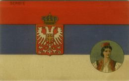 SERBIA - COAT OF ARMS + FLAG + WOMAN WITH TRADITIONAL COSTUME - 1900s (12056) - Serbia