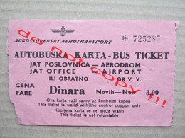 Yugoslavia BUS TICKET / JAT OFFICE - AIRPORT - Europa