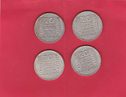 LOT DE 4 PIECES DE 20 FRANCS TYPE TURIN ARGENT D 35 MM 20 GRS ANNEE 1929 1933 1934 1938 - L. 20 Francos