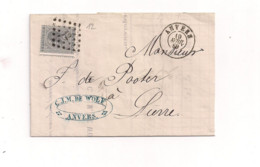 Belgique COB 17 De ANVERS Vers LIERRE 1869 - 1865-1866 Profil Gauche