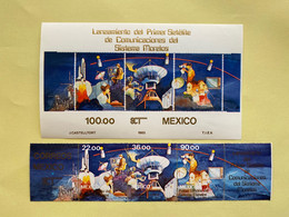 Mexico 1985 M/S + Strip Launching First Morelos Satellite Sciences Telecommunication Space Station Stamps MNH - Verzamelingen