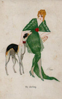 Illustrée  Signée KROPP : Jolie Femme En Vert Avec Son  Lévrier Greyhound - Perros