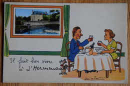 85 : Il Fait Bon Vivre à L'Hermenault - CP Souvenir Fantaisie - Couple à Table - Vignette Du Château Colorisée (n°22048) - L'Hermenault