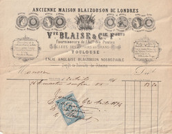 FRANCE FISCAUX N°1  NON DENTELÉ SUR FACTURE BLAISE à TOULOUSE   20 AVRIL 1874    - REF MS - Fiscales