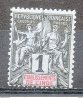 ETABLISSEMENT FRANCAIS DANS L'INDE - 1892 - N° 1 - 1 C. Noir Sur Azuré - Unused Stamps