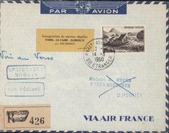 Inauguration Service Régulier Paris Le Caire Djibouti Par Air France Recommandé CAD Paris Aviation Service étranger 1950 - 1960-.... Storia Postale