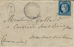 1869- Lettre De CHASTELLUX-S-CURE ( Yonne) Cad T24 Affr. N° 60 Oblit. G C 913 + B M Non Identifiée - 1849-1876: Classic Period