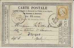 1874- CP Précurseur De CHAMPIGNELLES (Yonne) Cad T15  ,  Carte   REPAREE  !!!!!!!!!!!!!! - 1849-1876: Klassik