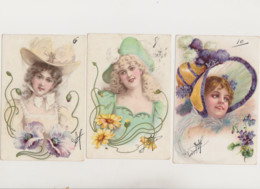 4 Cartes Fantaisie Dessinées / Jolies Jeunes Femmes Avec Chapeau , Fleurs - Women