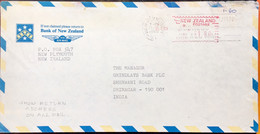 NEW ZEALAND 1990 SHOW RETURN ADDRESS ON ALL MAIL SLOGAN,NEW PLYMOUTH TO INDIA BANK OF NEW ZEALAND METER CANCELLATION - Brieven En Documenten