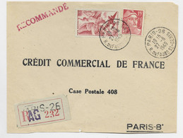 FRANCE GANDON 15FR ROUGE + PA 50FR PERFORE CCF DEVANT LETTRE REC PARIS 26 27.6.1949 - 1945-54 Marianne De Gandon